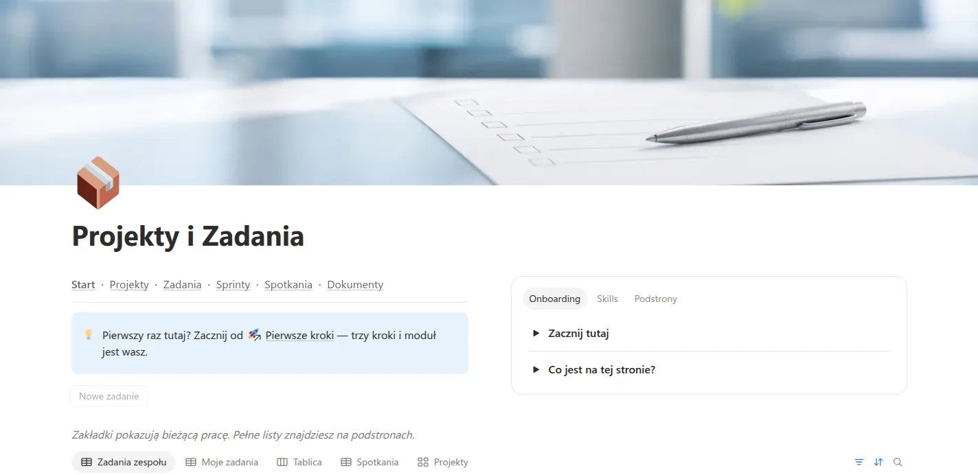 Strona startowa modułu Projekty i Zadania w Notion