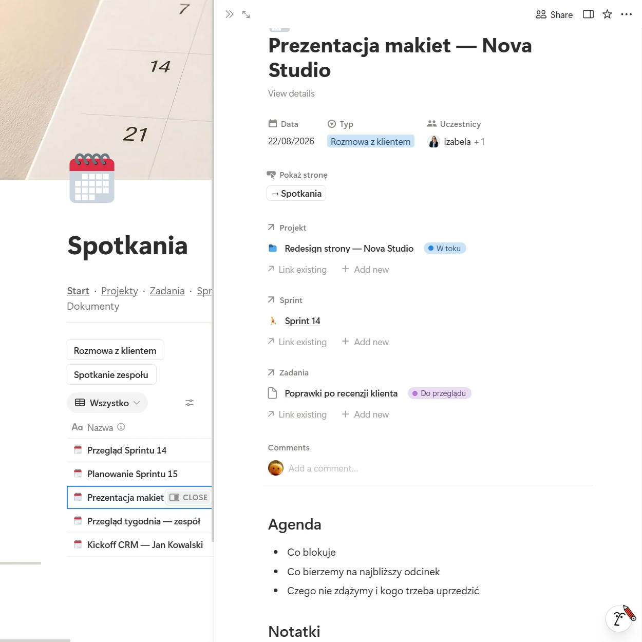 Otwarte spotkanie z bazy Spotkania: data, uczestnicy i powiązania z projektem, sprintem i zadaniem, pod spodem agenda