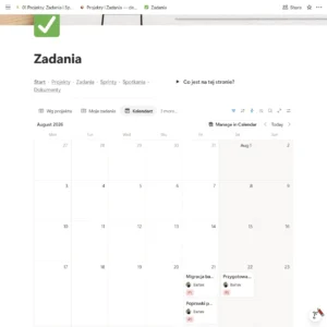 Zadania w widoku kalendarza: miesiąc z zadaniami rozłożonymi po dniach