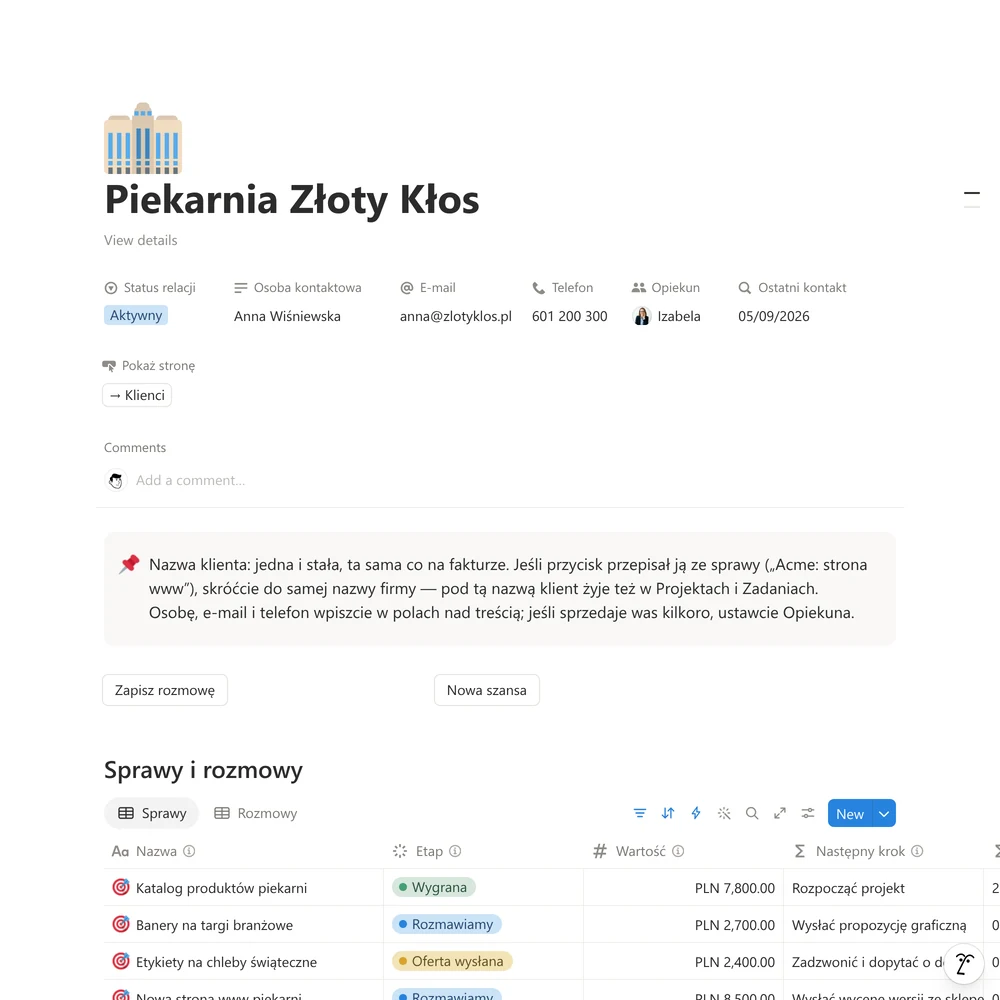 Klient z danymi kontaktowymi oraz listą swoich szans i rozmów