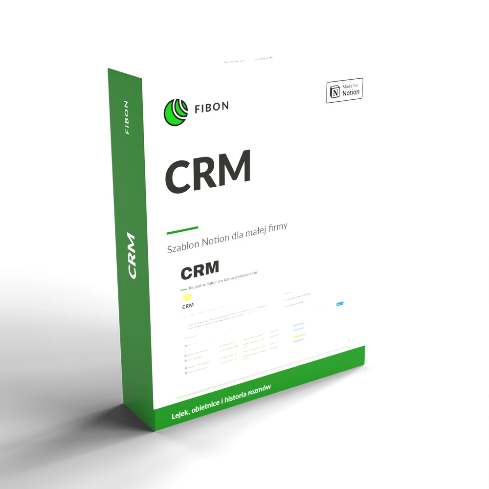 Pudełko produktu: CRM, szablon Notion dla małej firmy — lejek, obietnice i historia rozmów