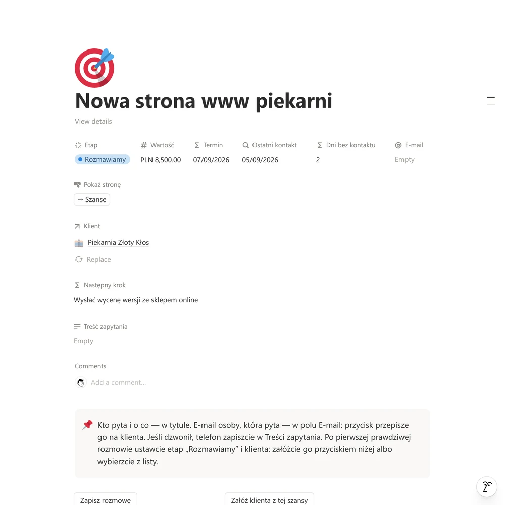 Otwarta szansa: etap, wartość, termin, następny krok i treść zapytania na jednej stronie
