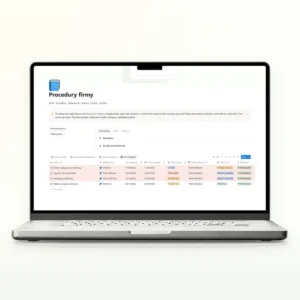Na laptopie lista Do przeglądu: procedury po terminie przeglądu podświetlone na czerwono, z właścicielem, rytmem przeglądu i przyciskiem Nadal aktualna w każdym wierszu