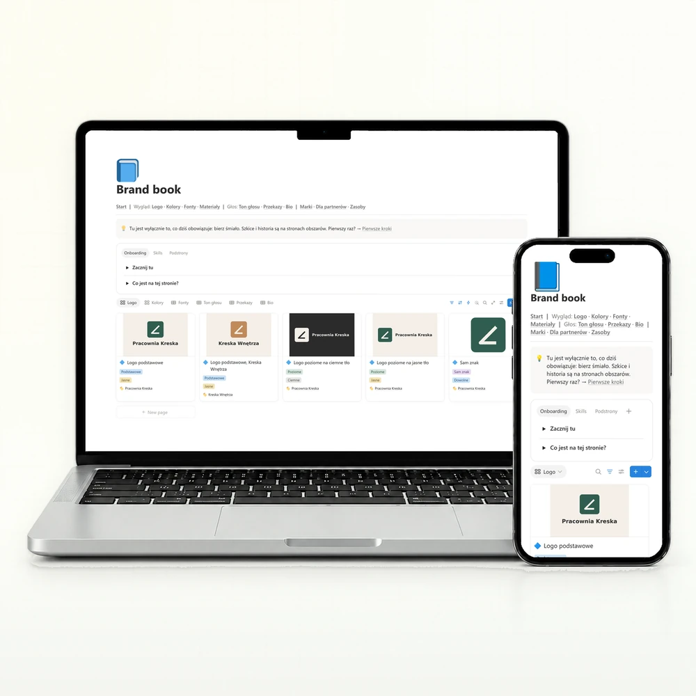 Brand book na laptopie i telefonie: strona startowa z obowiązującym logo obu marek