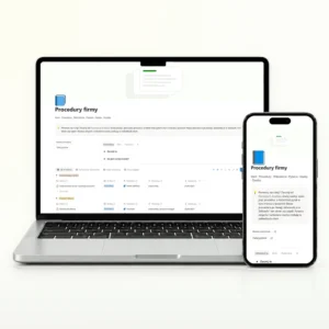 Procedury firmy na laptopie i telefonie: strona startowa z przyciskami Nowa procedura i Zadaj pytanie oraz zakładka Jak to robimy z procedurami po obszarach firmy, właścicielem i datą następnego przeglądu