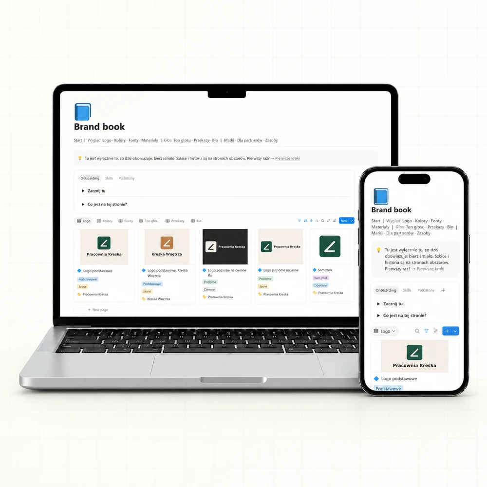 Brand book na laptopie i telefonie: strona startowa z obowiązującym logo obu marek