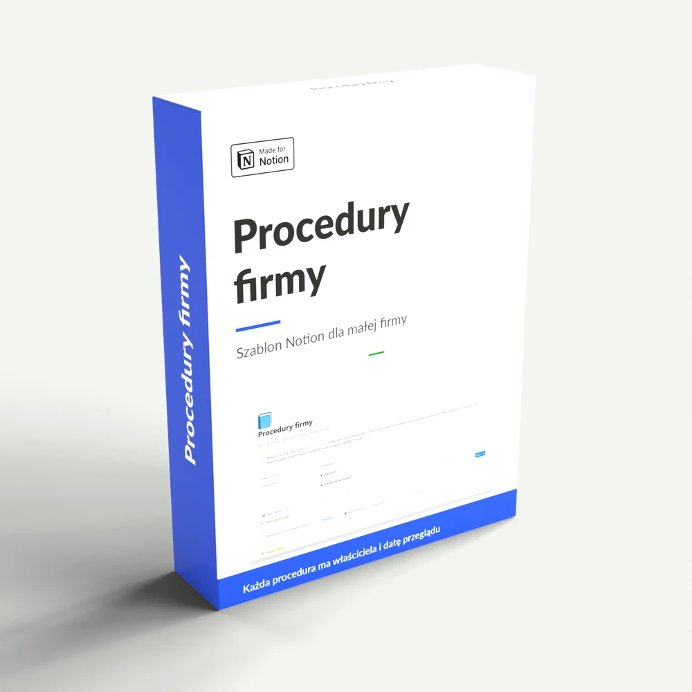 Pudełko z napisem Procedury firmy, szablon Notion dla małej firmy, i hasłem Każda procedura ma właściciela i datę przeglądu