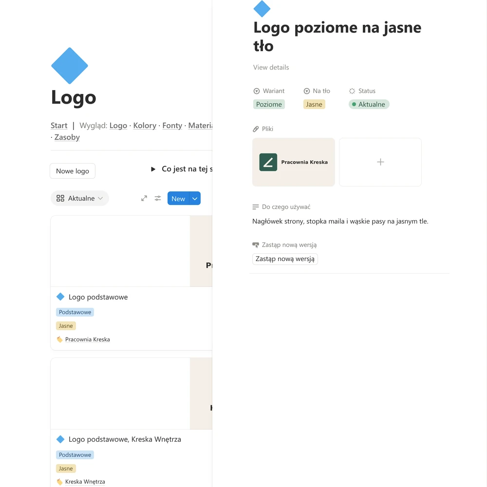 Otwarte logo z wariantem, tłem, plikiem i przyciskiem „Zastąp nową wersją”