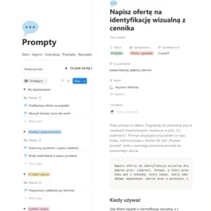 Otwarty prompt: status, zastosowanie, fragmenty do podmiany, agent i tekst promptu w bloku z przyciskiem kopiowania